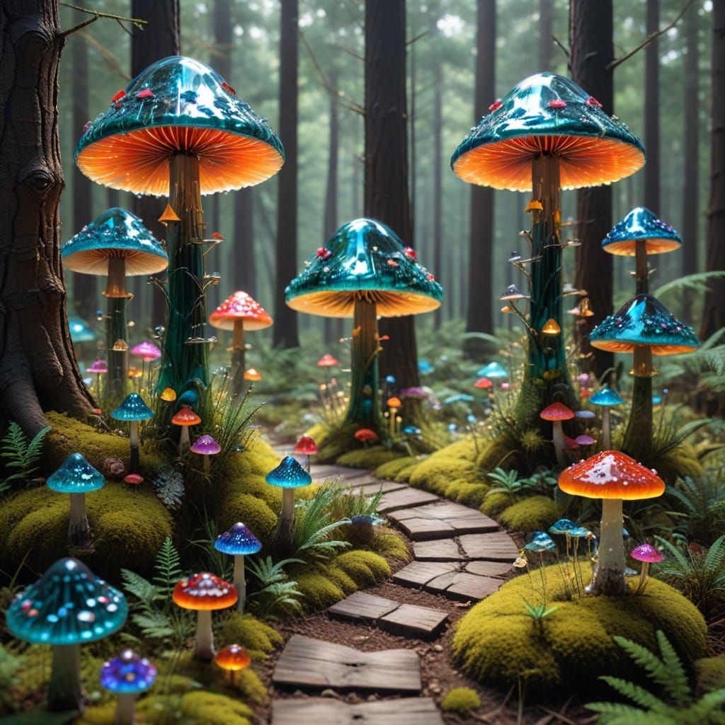 Glass Forest with Colorful Mushrooms
