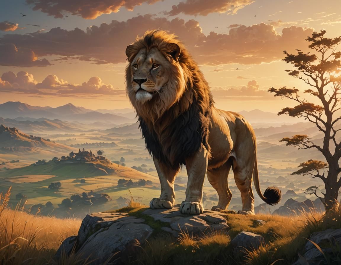 Lion Contemplates Life in Surreal Landscape