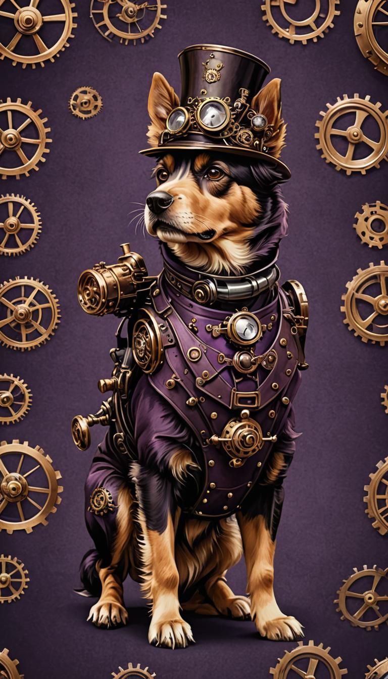 Steampunk Dog with Engine on Purple Background