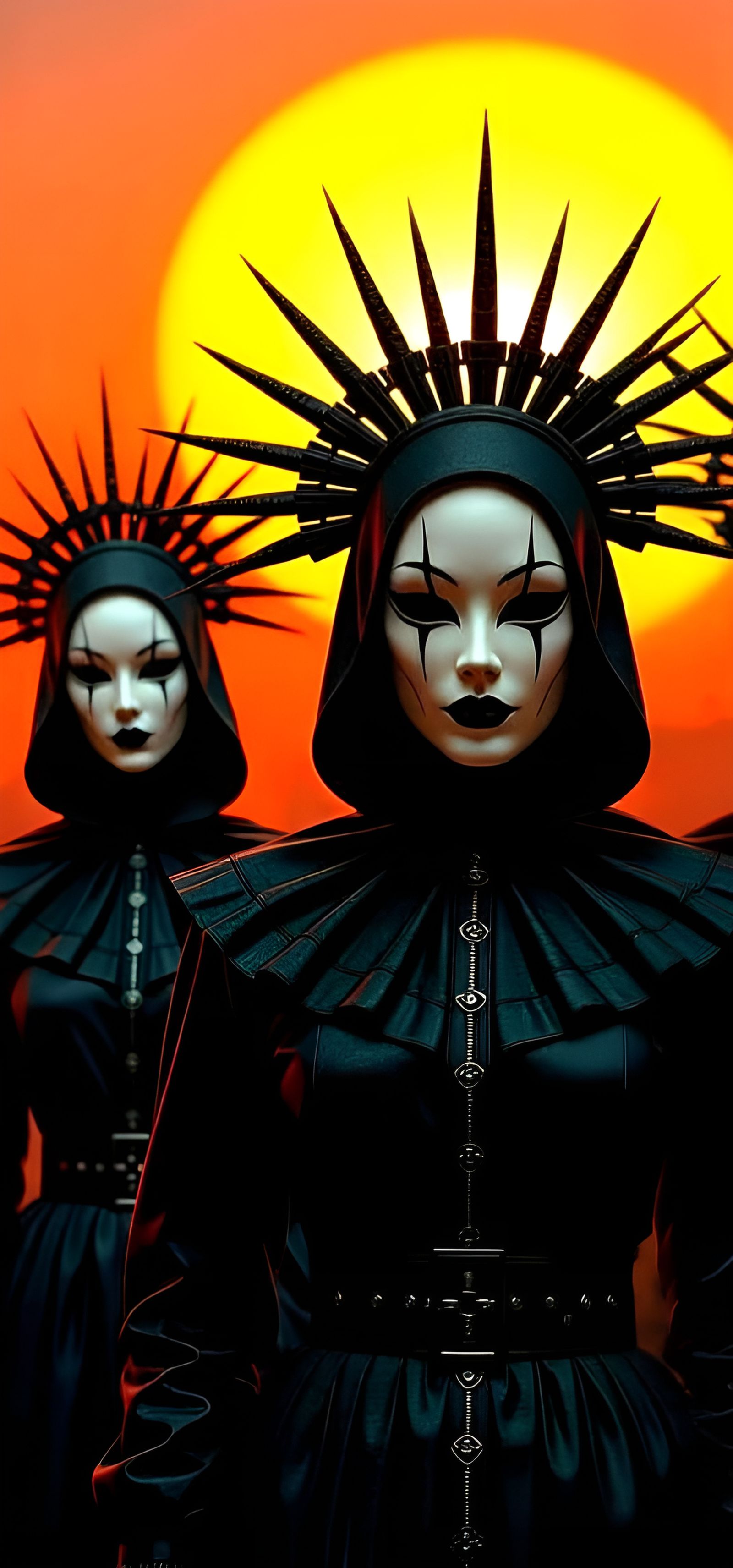 Eerie Halloween Cultists with Three-Faced Headdress