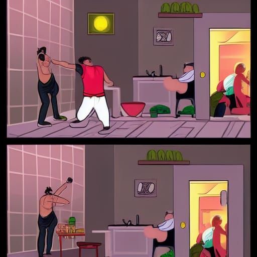 Chaotic Scene of Men in Maximalist Digital Art