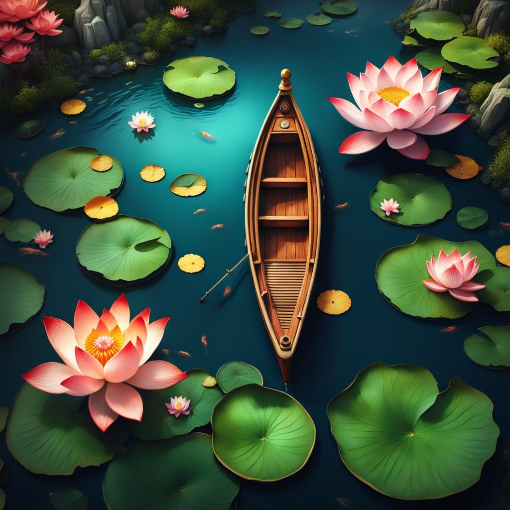 Koi and Lotus Boat: Detailed Matte Painting