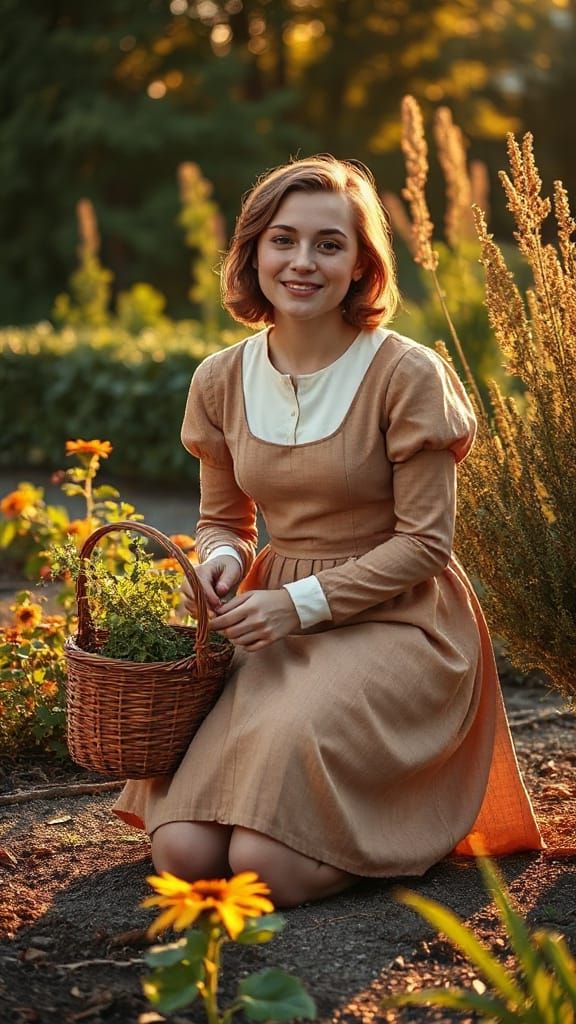 Charming Tradwife Harvesting Herbs at Sunrise
