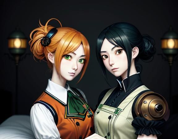 Kemono Twin Sisters Kissing: Manga Anime Illustration