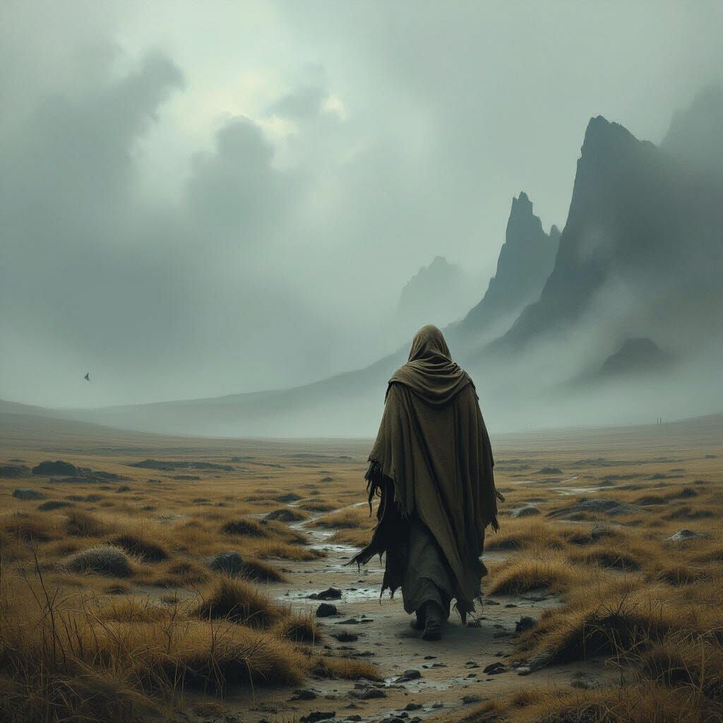 Wanderer on Windswept Moor in Dark Fantasy Style