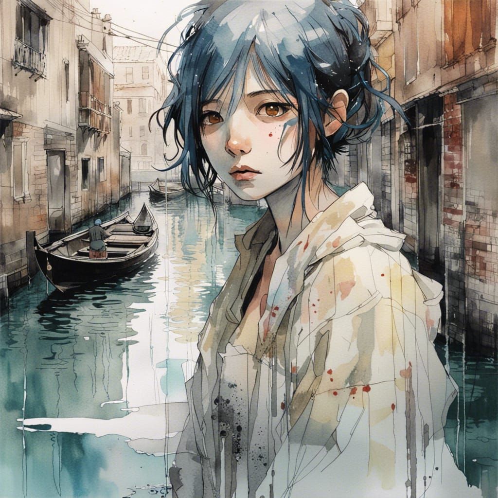 Ethereal Anime Girl in Venice: Watercolor Portrait