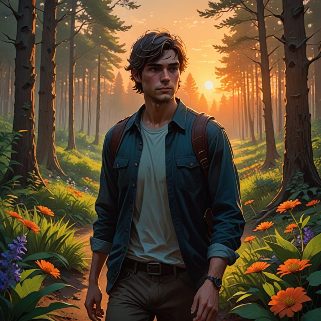 Handsome Boy Walks into Forest at Sunset, Oil Painting