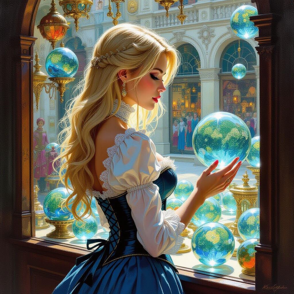 Woman Gazing at Glass Spheres, Fantasy Oil Painting