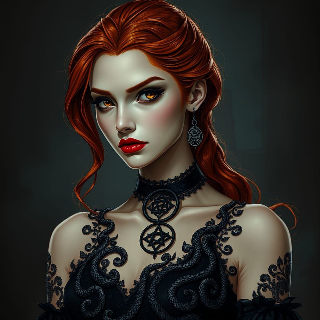 Elegant Woman with Fiery Hair in Dark Fantasy Art
