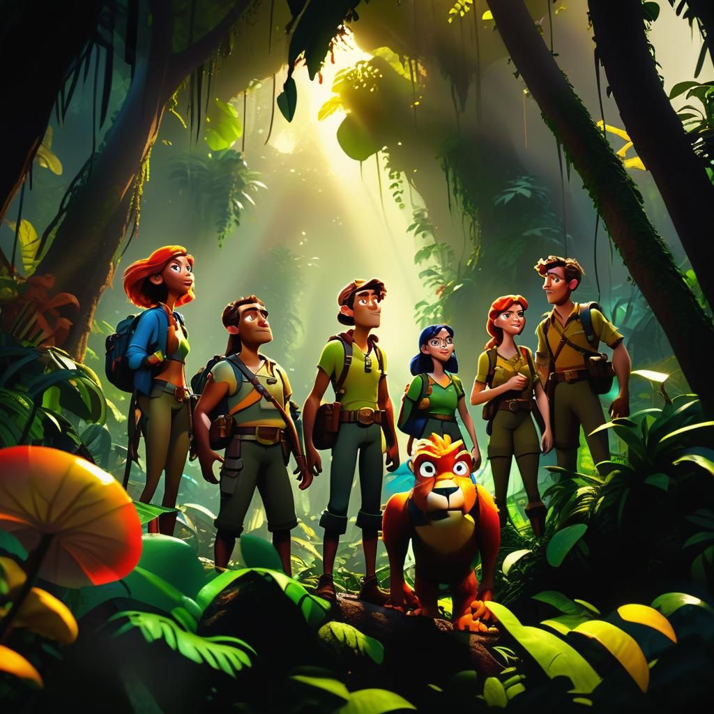 Adventurers in Jungle, Pixar-Style 3D Digital Art