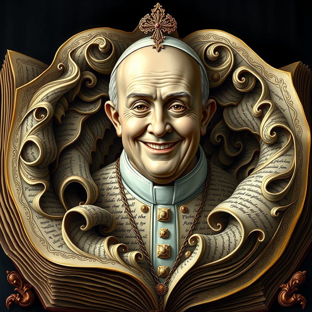 Pope's Head Among Whirling Golden Bible Pages