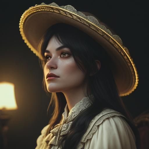 Elaborate Hats in Ornate Room: Cinematic Film Still