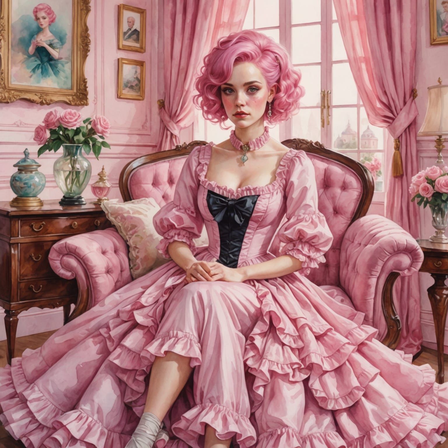 Pink Haired Woman in Pink Living Room, Watercolor
