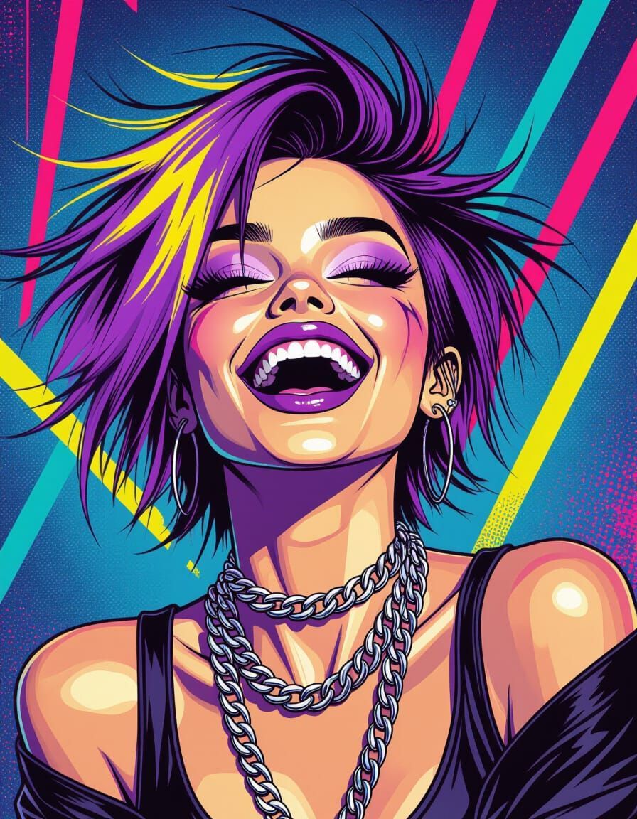Punk Girl with Neon Hair in Pin-Up Style
