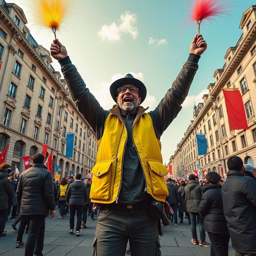 Victorious Protest Leader in Crowded City Square