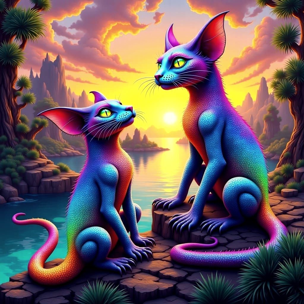 Psychedelic Monsters Watch Sunrise: Vibrant Scene