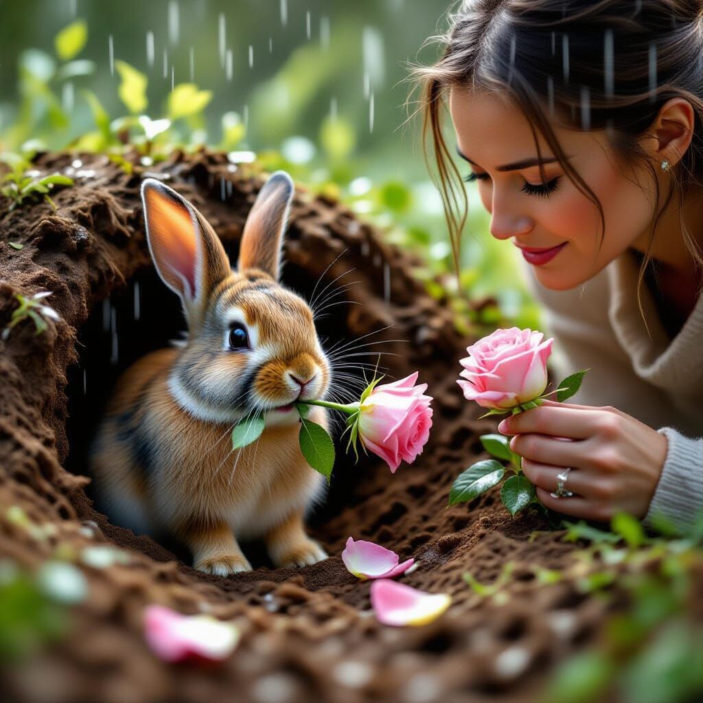 Hyperrealistic Rabbit Holds Rose in Gentle Rain