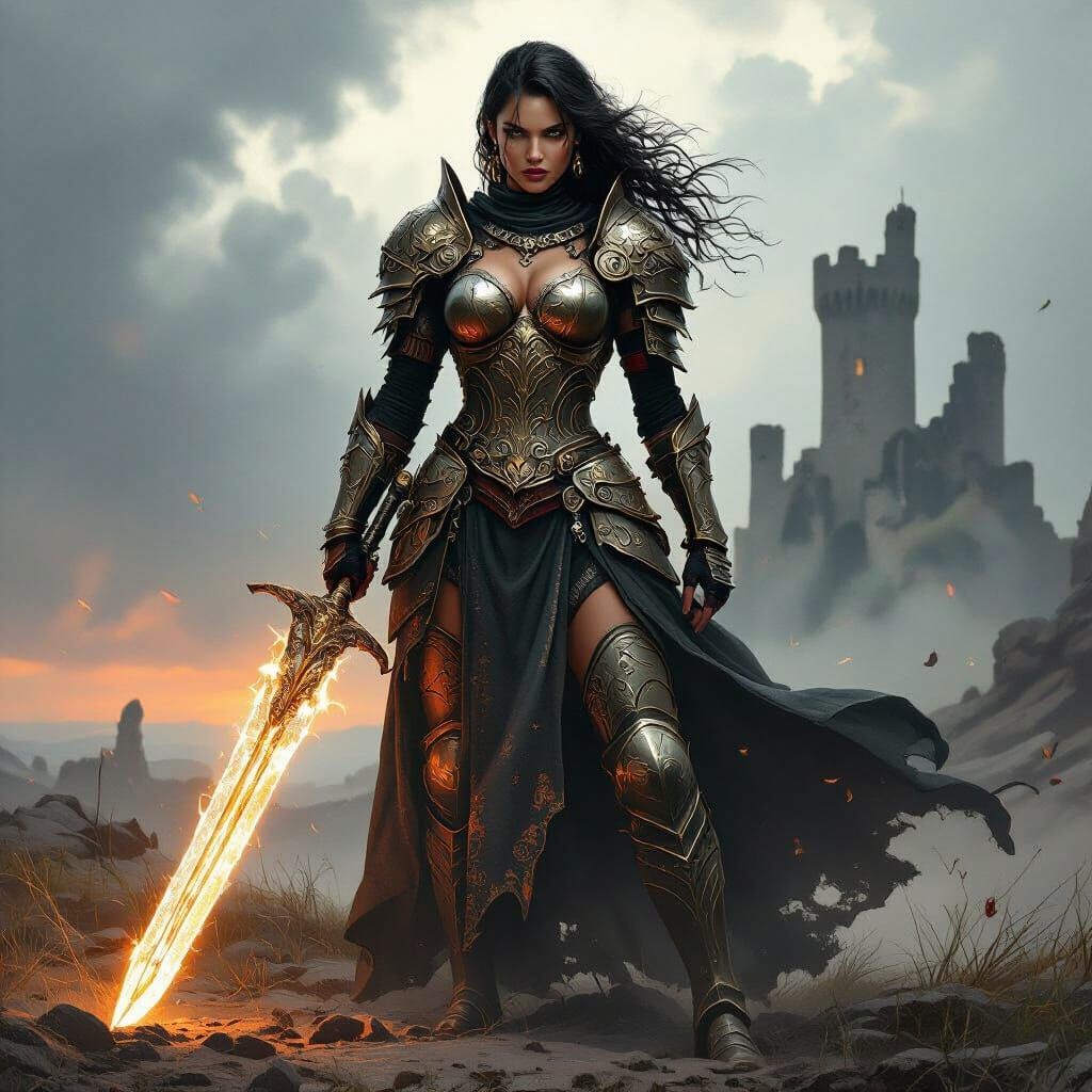 Female Warrior on Battlefield in Vintage Armor Holding Sword