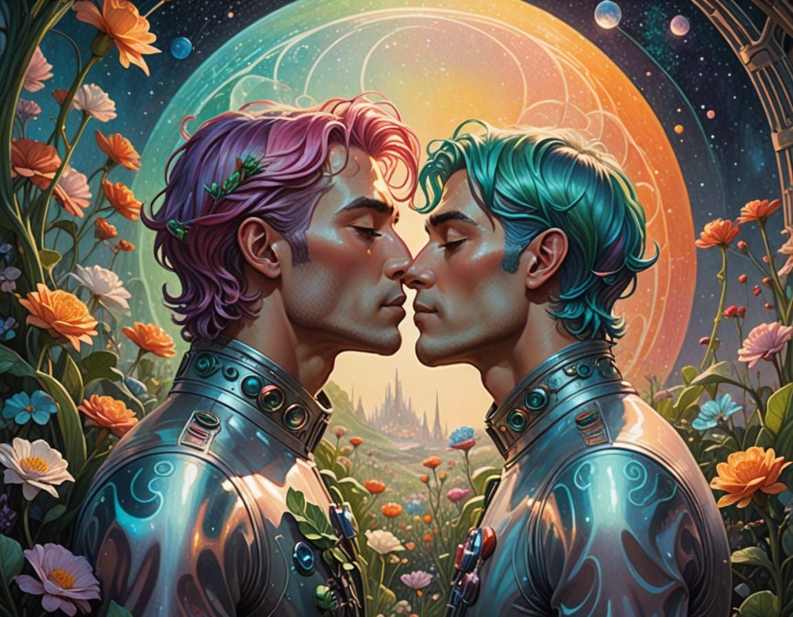Rainbow Hair Kiss in Futuristic Garden, Art Nouveau Style