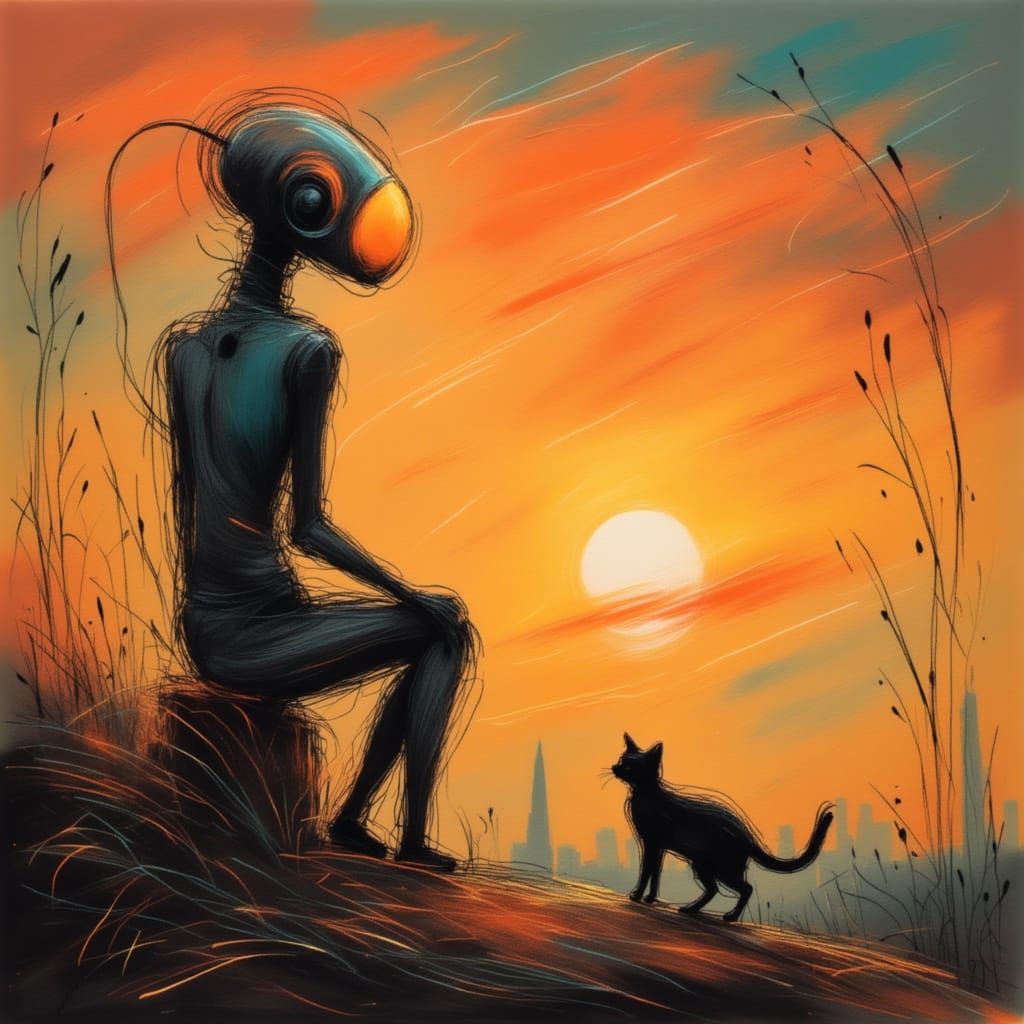 Retro Futurism Android Watches Dawn With Cat