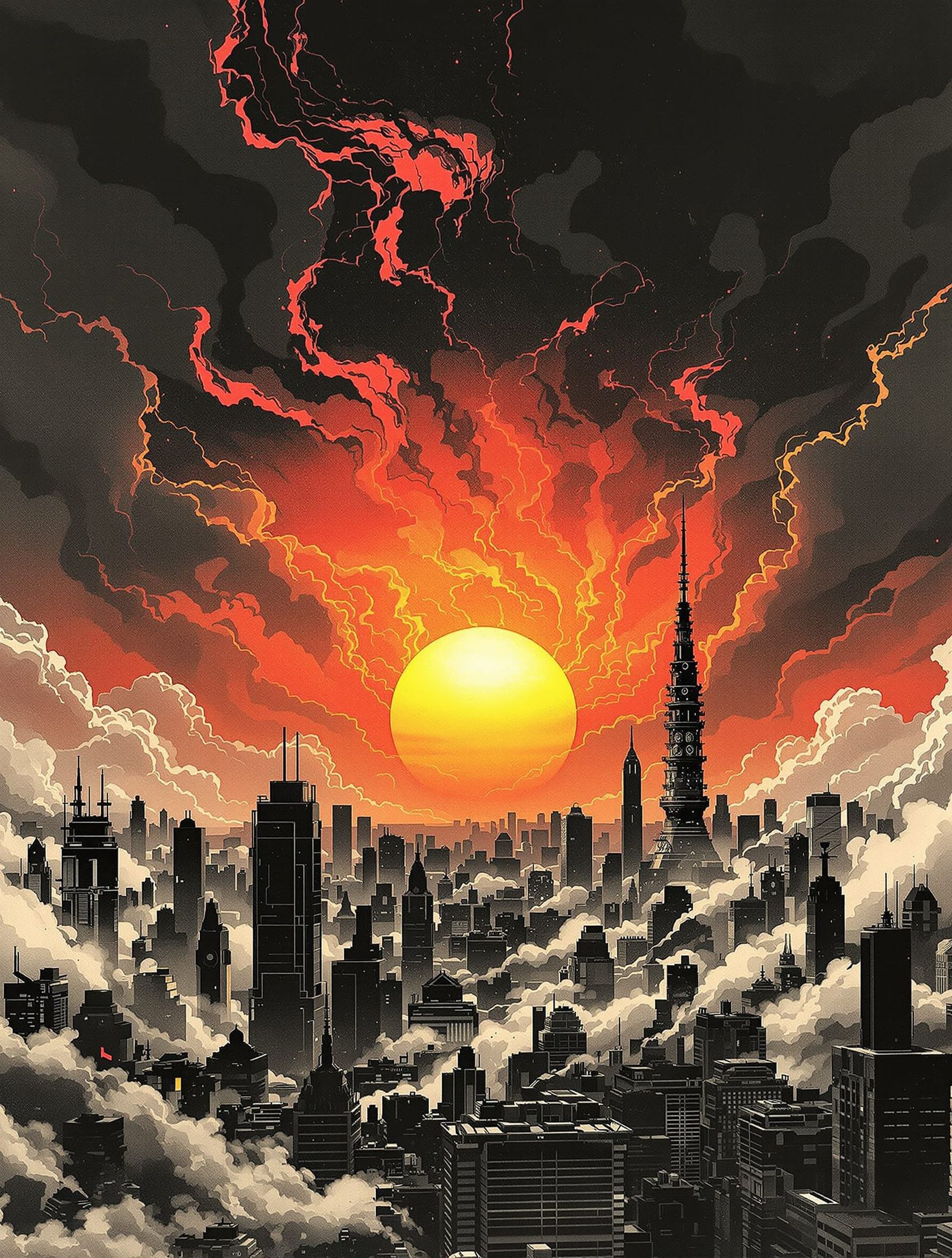 Dystopian Tokyo Sunset in Graphite Art Style