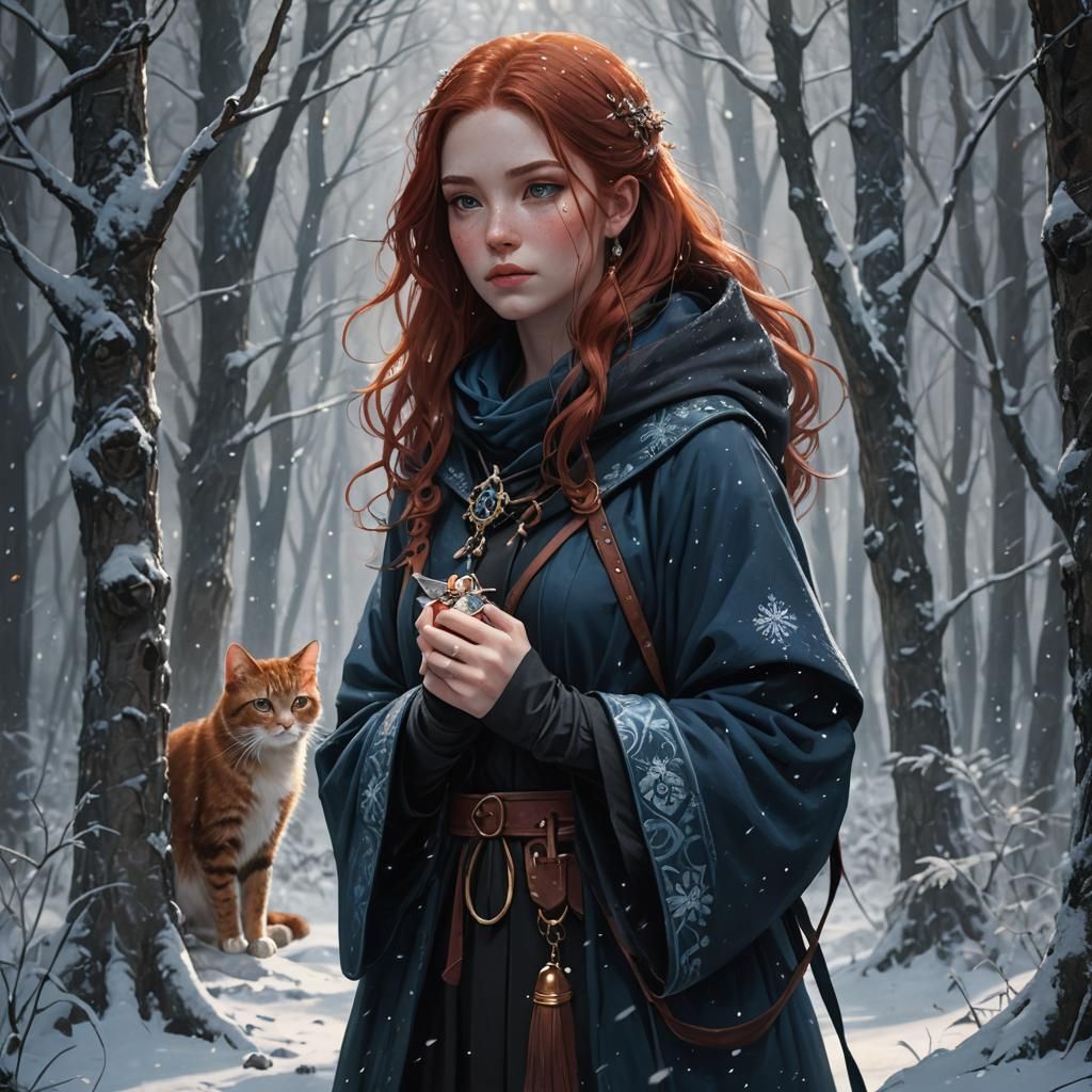 Girl with Cat in Snowy Forest, Dark Fantasy Art