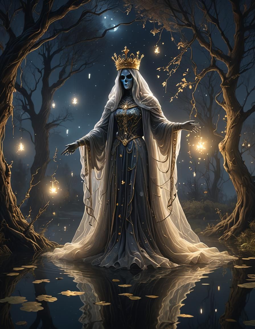 Crowned Sheet Ghost in Pond, Dark Fantasy Art