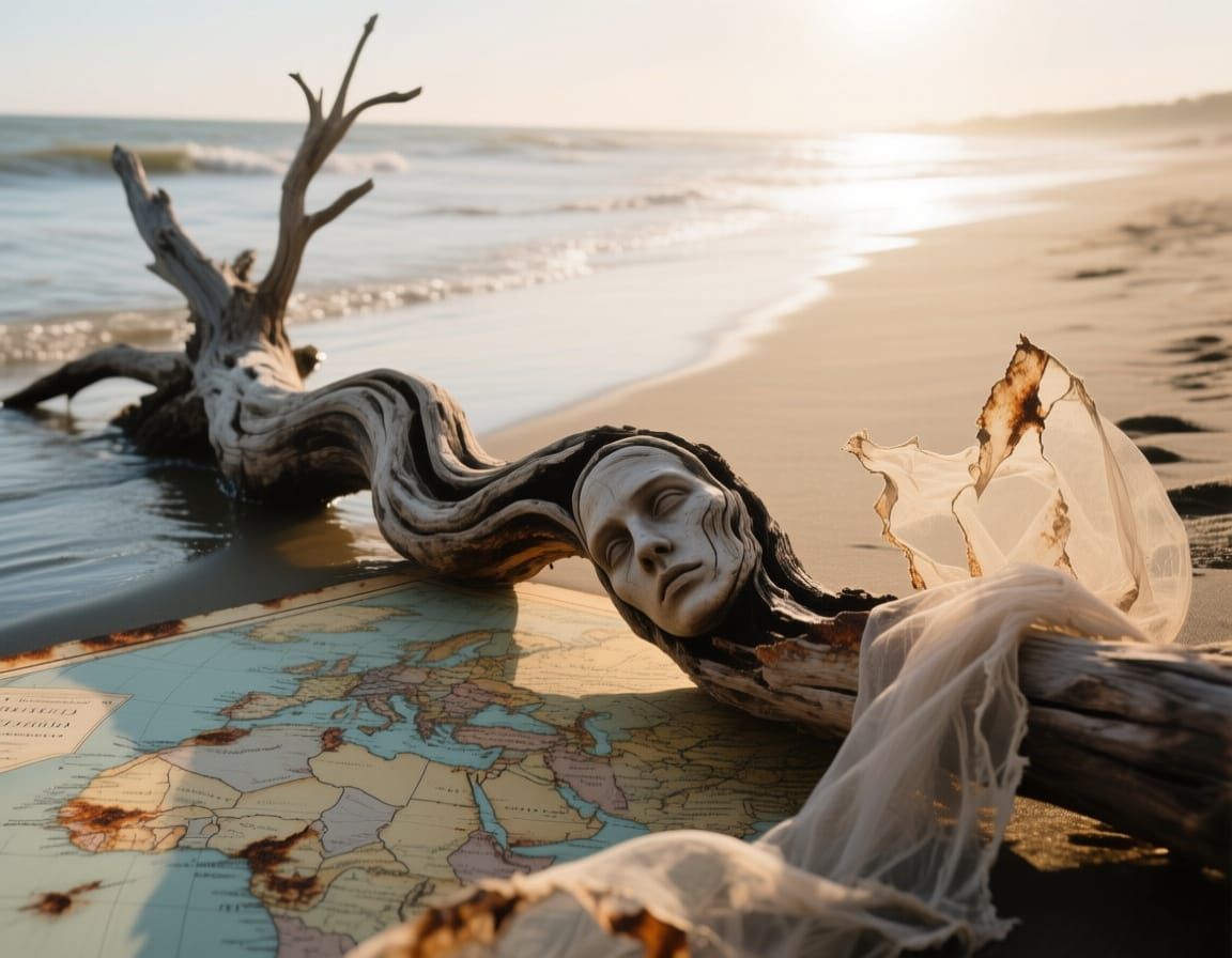 Driftwood Curling Eroded Olde-World Map, Charred and Rusty