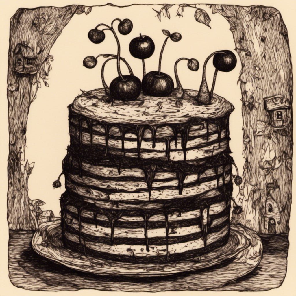 Cherry on Cake in Graphic Black Style