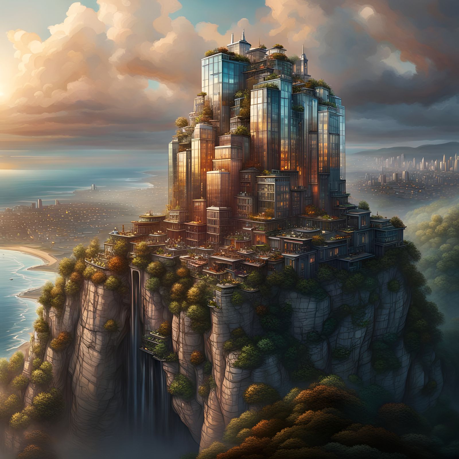 Hyperrealistic Glass City on Clifftop Concept Art