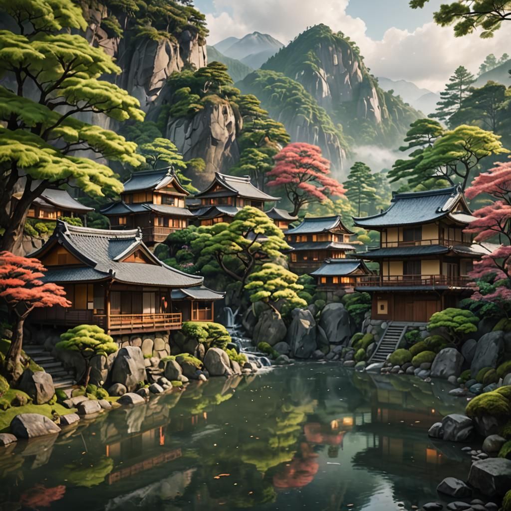 Japanese Mountain Landscape with Traditional Houses