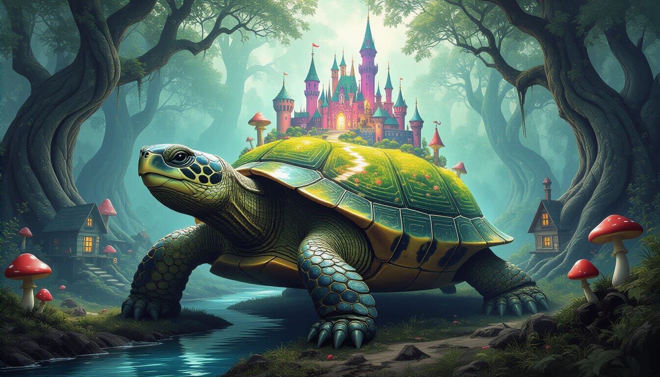 Giant Turtle Kingdom: Abstract Expressionist Sci-Fi Art