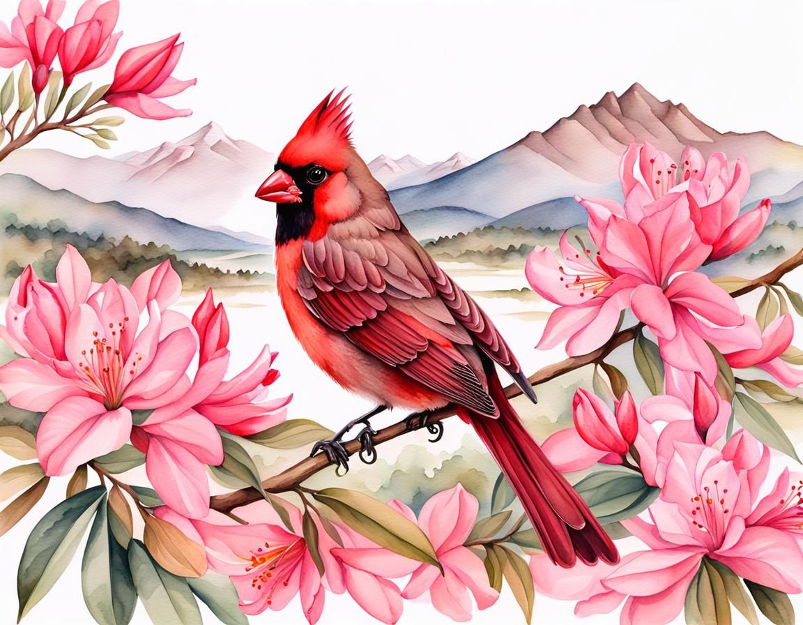 Watercolor Cardinal in Azalea Field