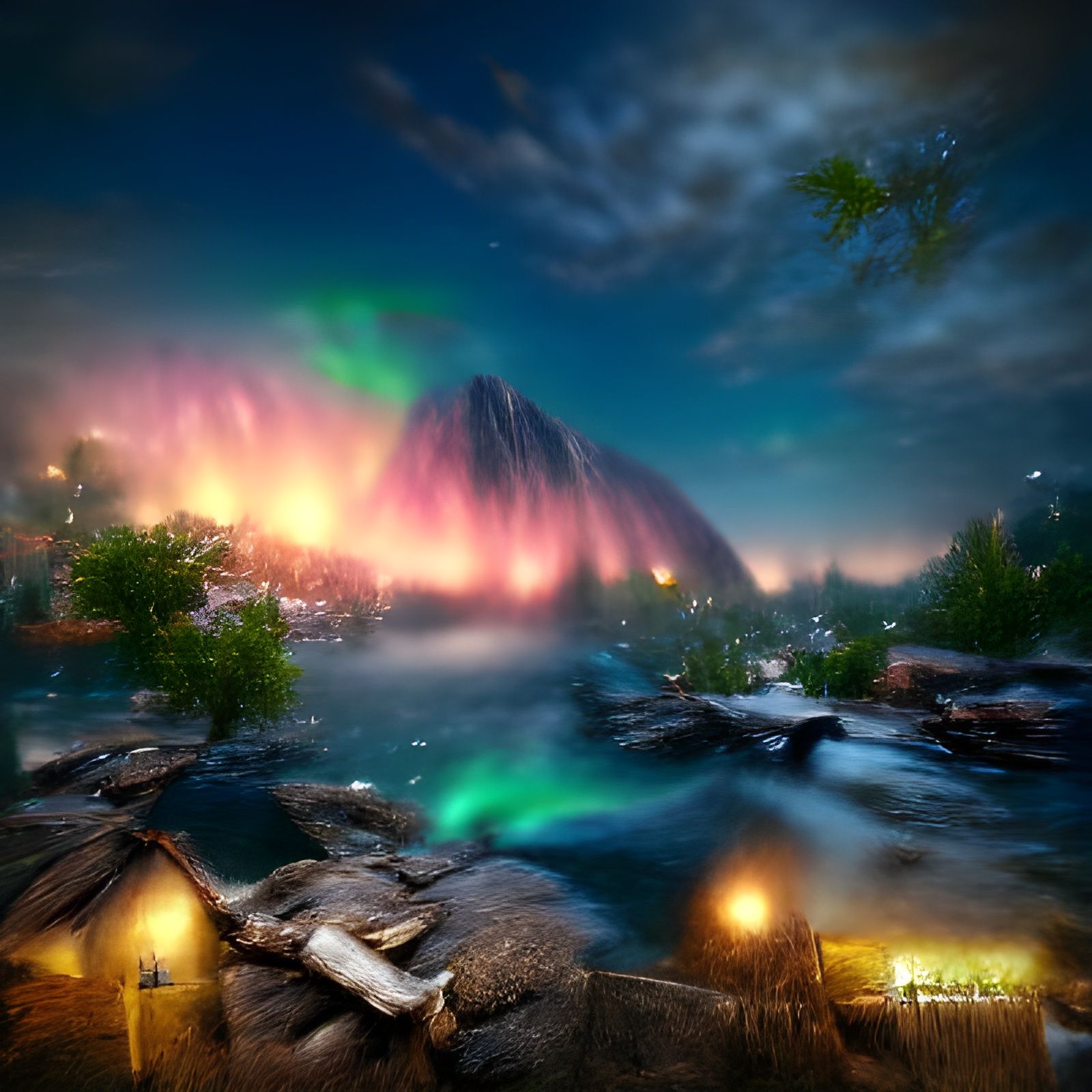 Aurora Borealis Night Sky in Kinkade Style