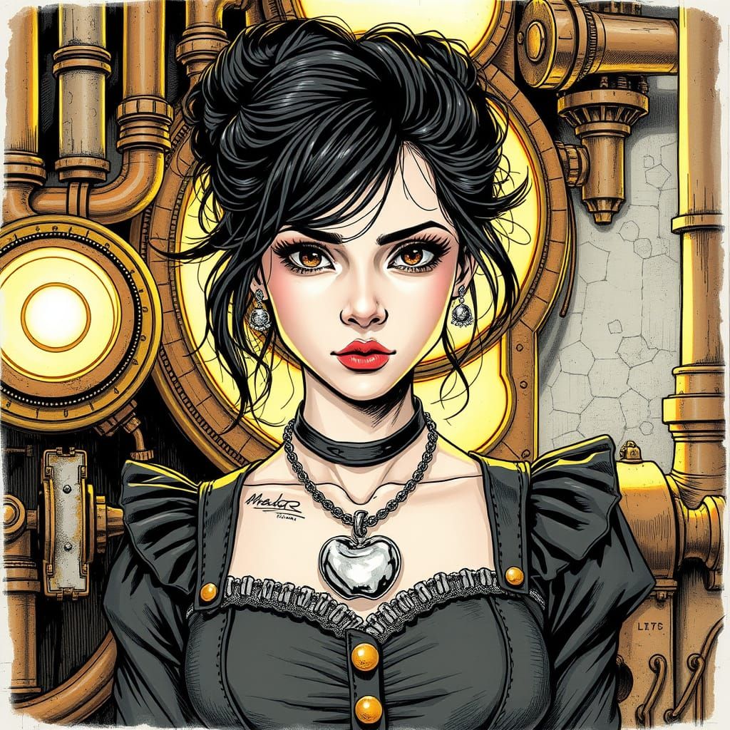 Steampunk Siren in Elegant, Ink-Drawn Splendor