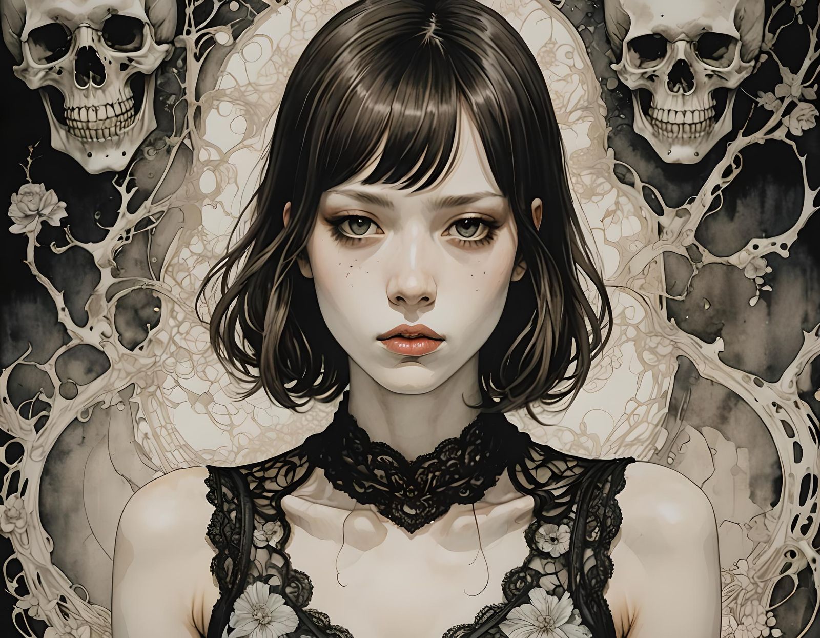 Watercolor Sketch of Sensual Woman in Gothic Eru-Guro Style