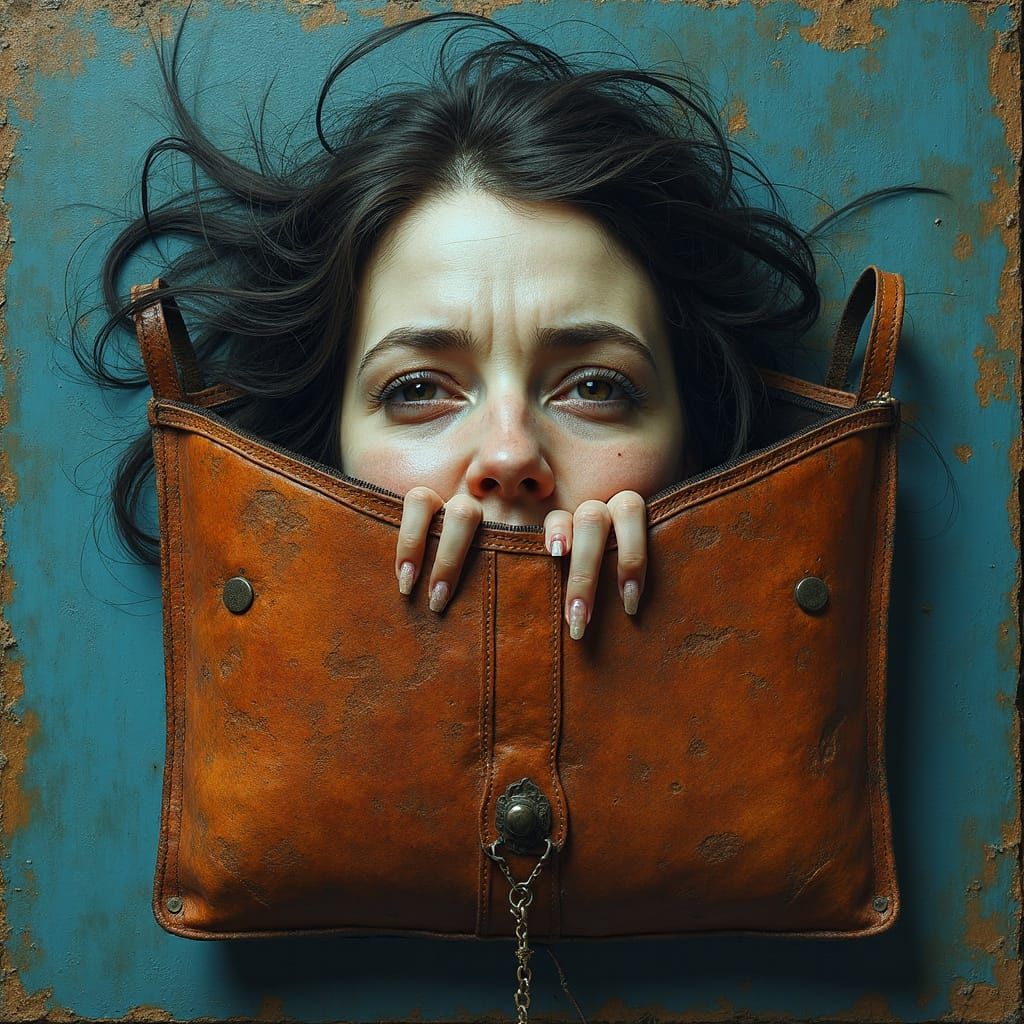 Distressed Woman in Rust-Hued Leather Pouch