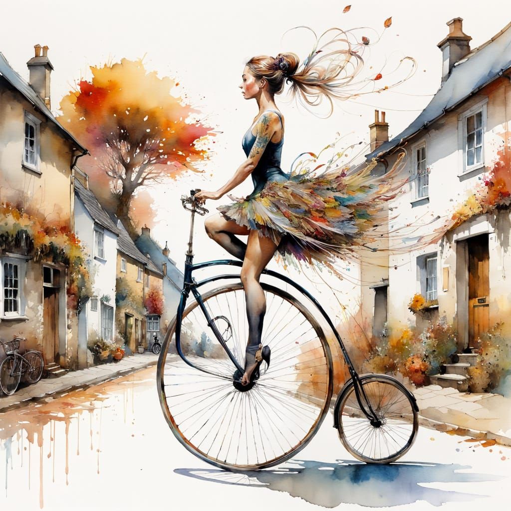 Ballerina on Penny-Farthing in Autumn, Watercolor and Ink