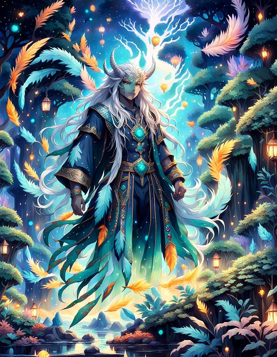 Fantasy Shaman in Anime Style with Silver Hair