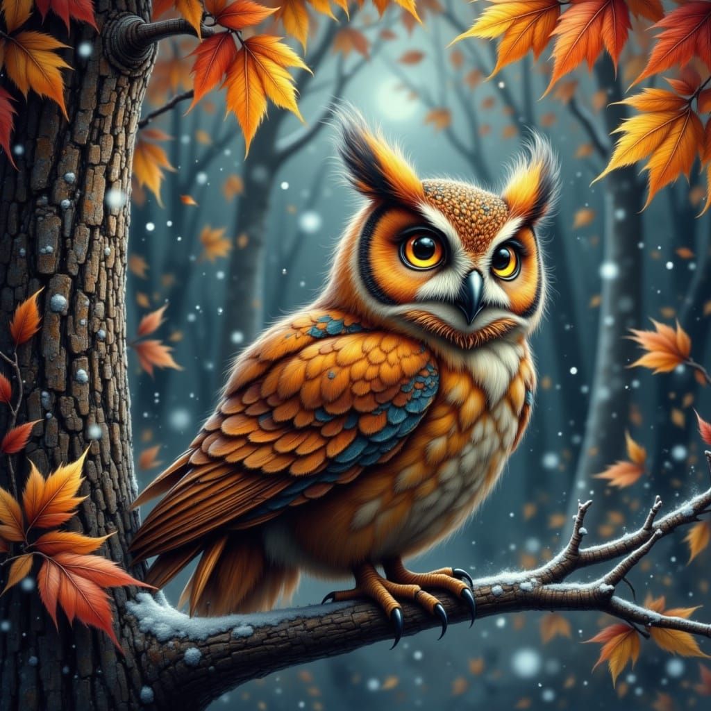 Wise Owl of Autumn Leaves in Moonlit Forest