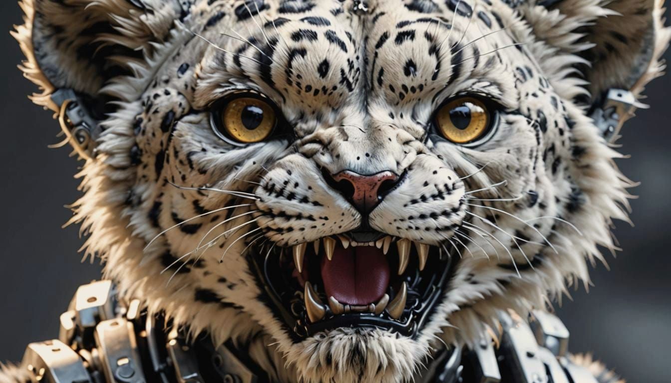 Angry Baby Snow Leopard Cyborg in 8K