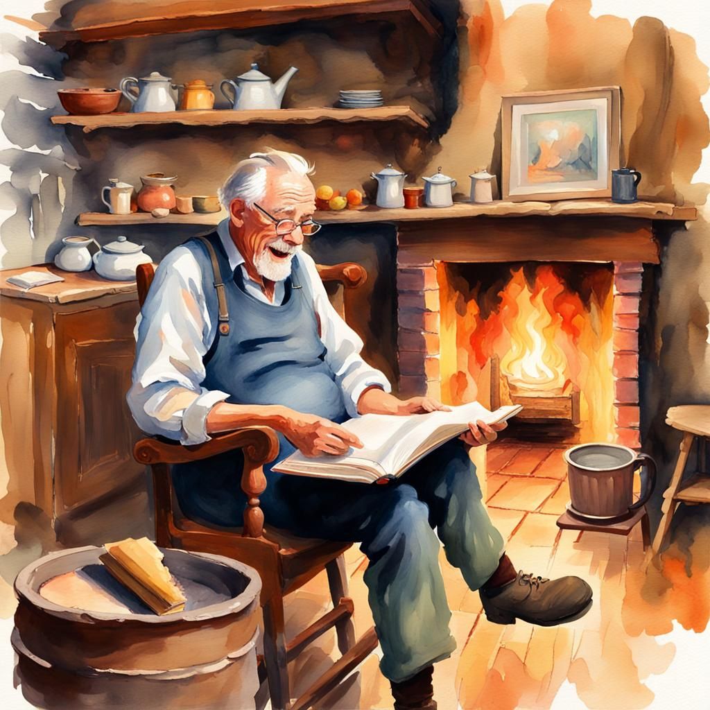 Laughing Old Man Reading in Watercolor Style