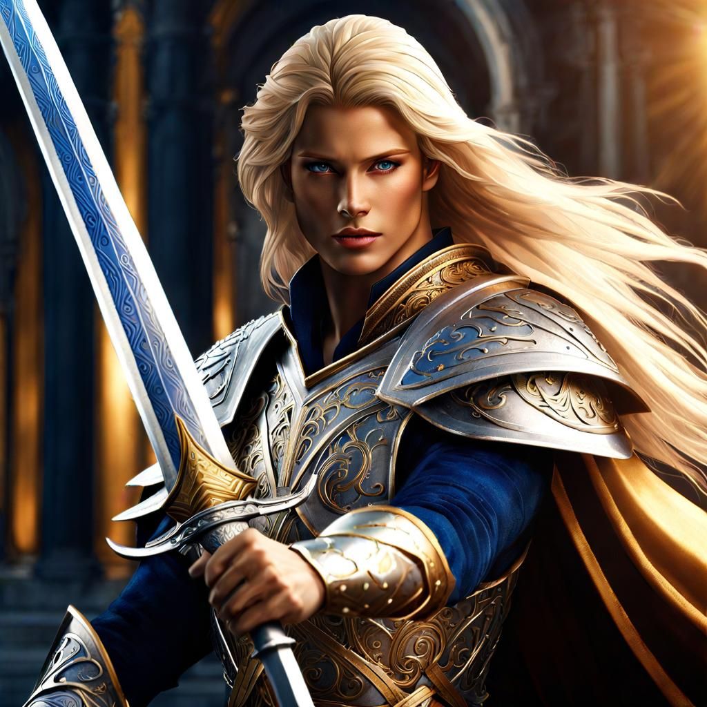 Sun Elf Knight in Gold Armor, Digital Art