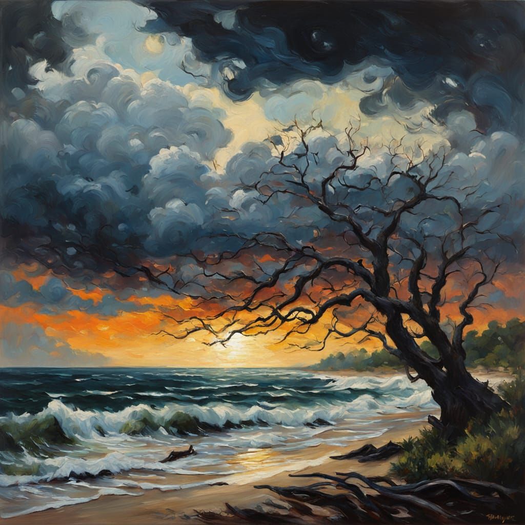 Moody Tree Silhouettes Near Sea: Oil Painting