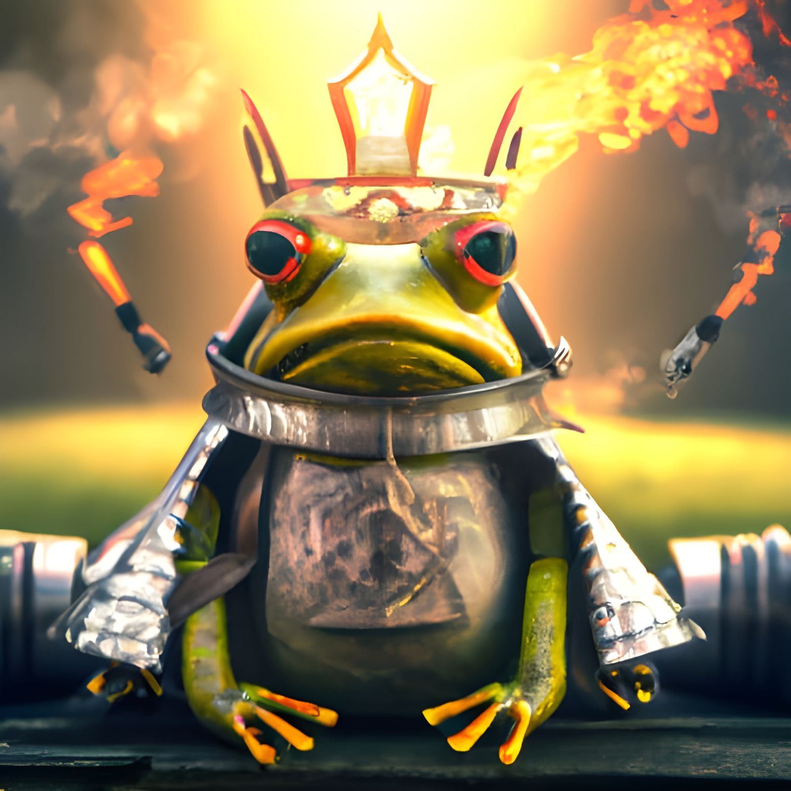 Fire Breathing Frog in Viking Armor, Hyperrealistic