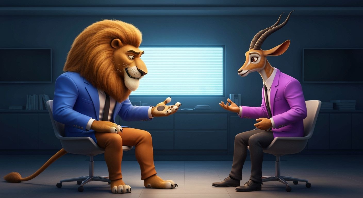 Lion & Gazelle in 80s Suits in Corporate Meeting