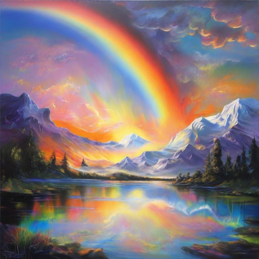 Surreal Landscape Painting of Music Notes as Rainbows