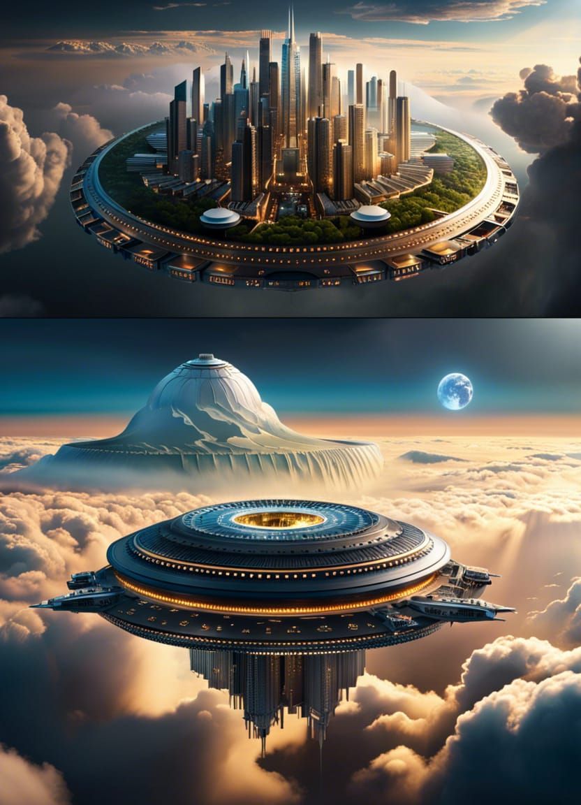 Floating City with Eagles, Klimt-Inspired Digital Art