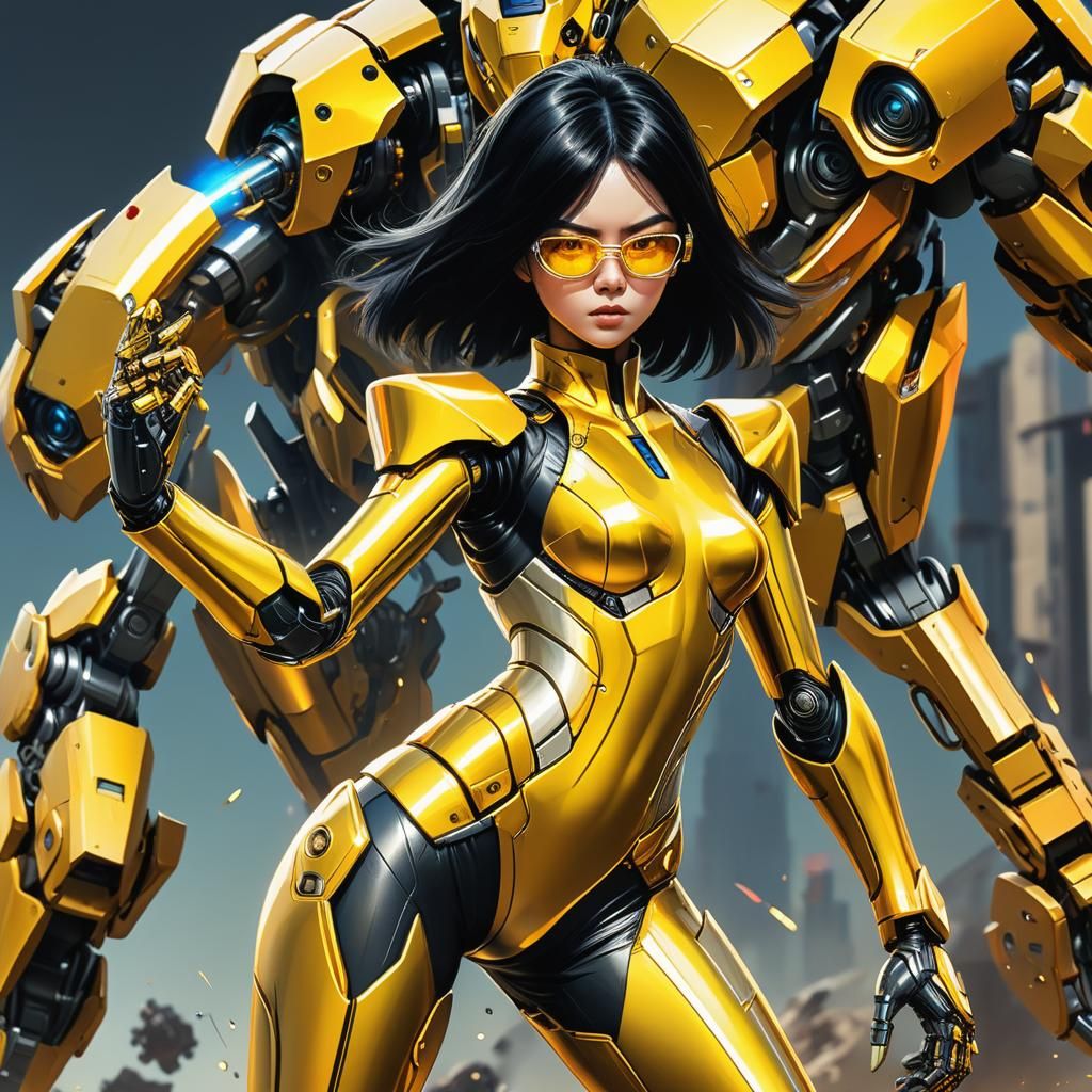 Woman in Yellow Suit with Mecha: Digital Art