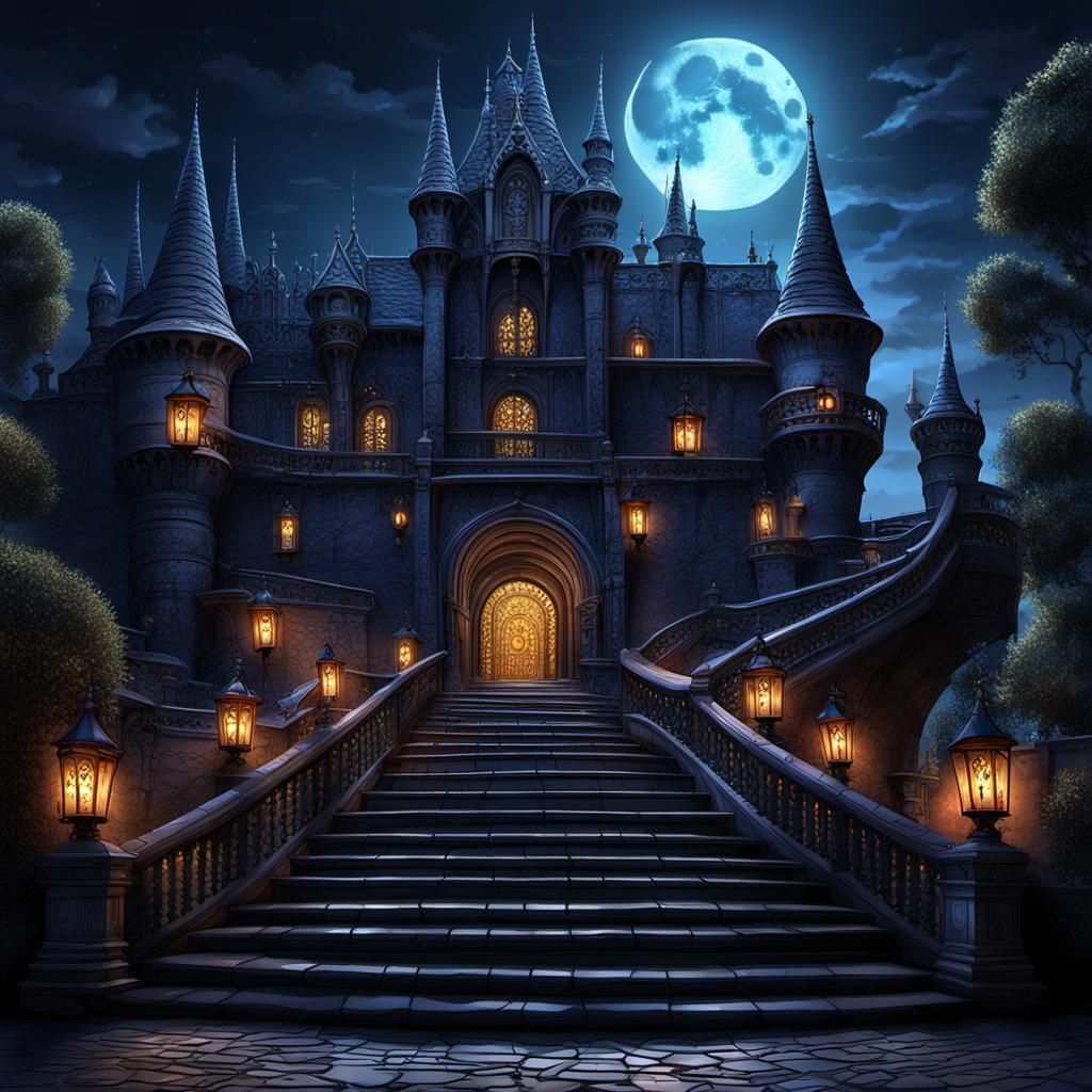 Medieval Castle Staircase Under Moonlight: 3D Digital Art